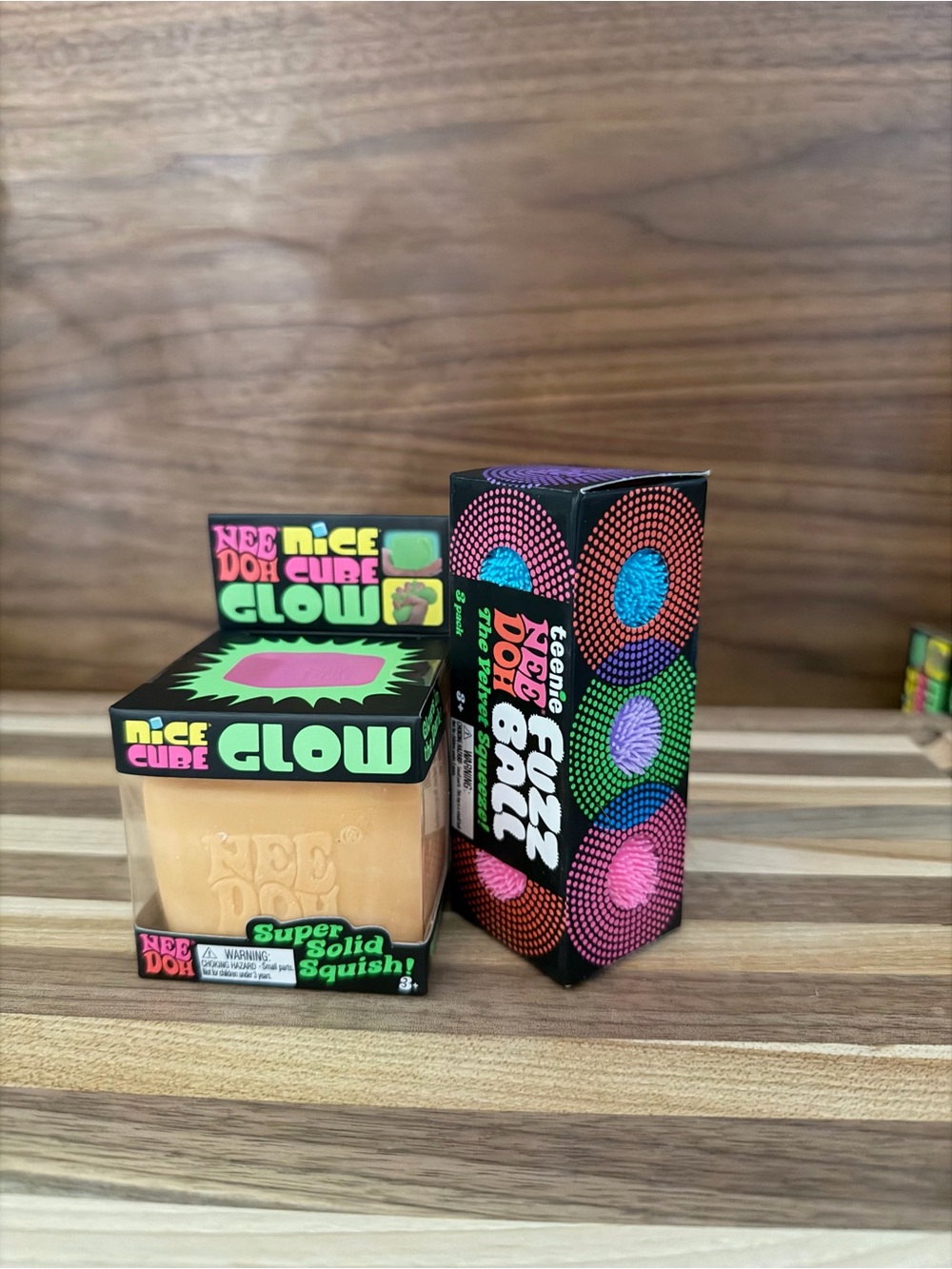 Bundle of 2 NeeDoh - Glow Nice Cube and Teenie Fuzz Balls